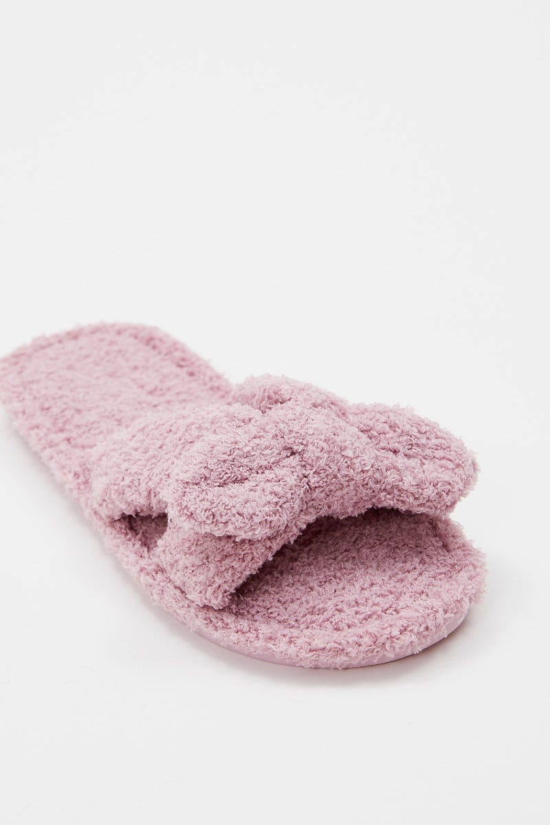 Pink Plush Fluffy Bow Detail Slippers - Image 3