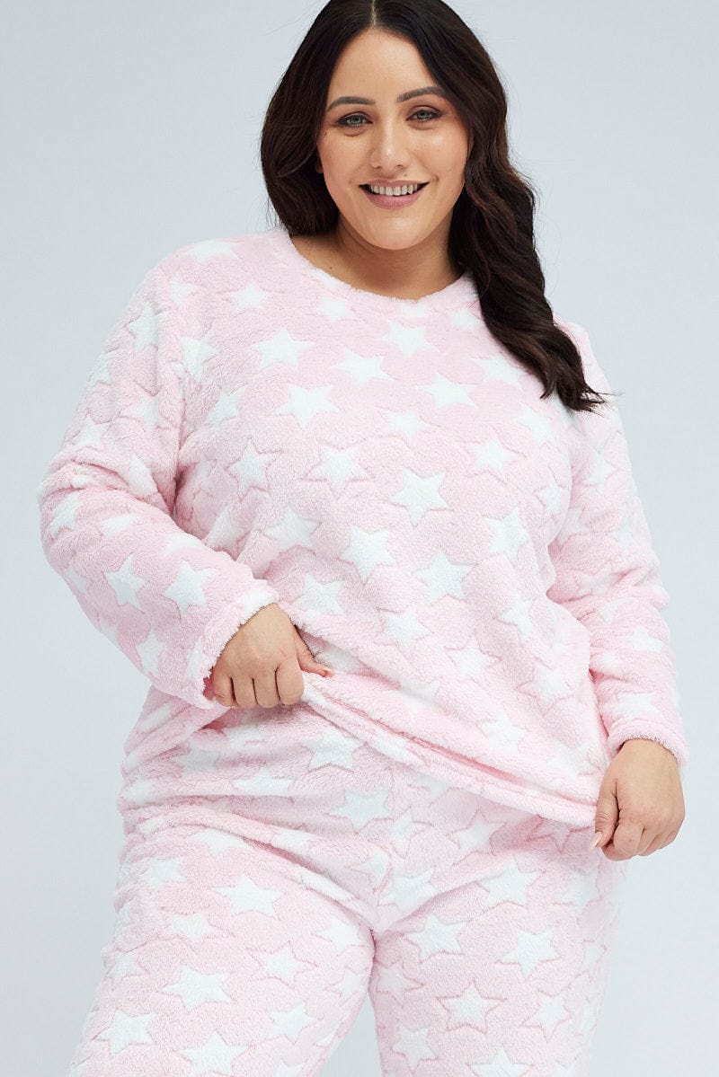 Pink Print Fluffy Fleece Star Print Pj Two Piece Pyjama Set - Image 2