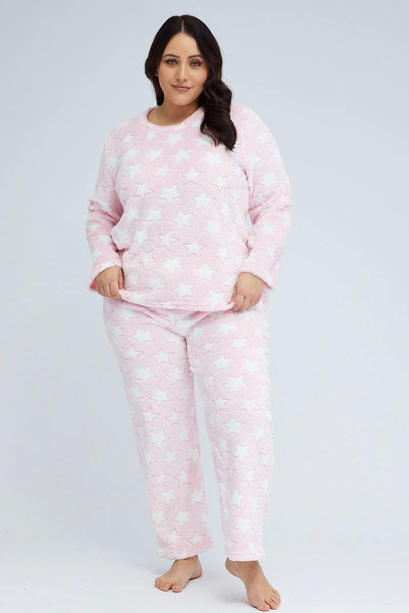 Pink Print Fluffy Fleece Star Print Pj Two Piece Pyjama Set - Image 3