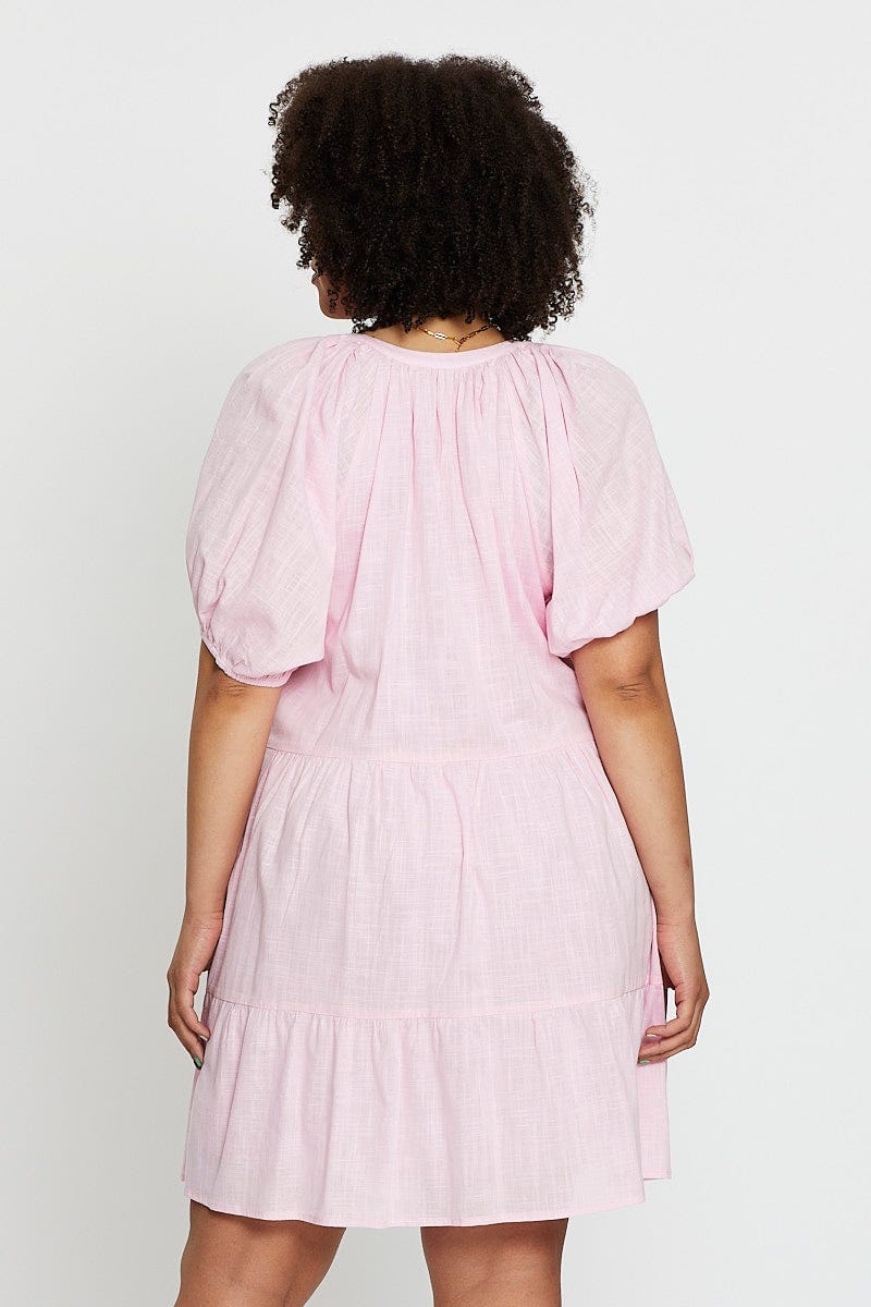 Pink Puff 3/4 Sleeve Textured Cotton Pink Layer Dress - Image 5