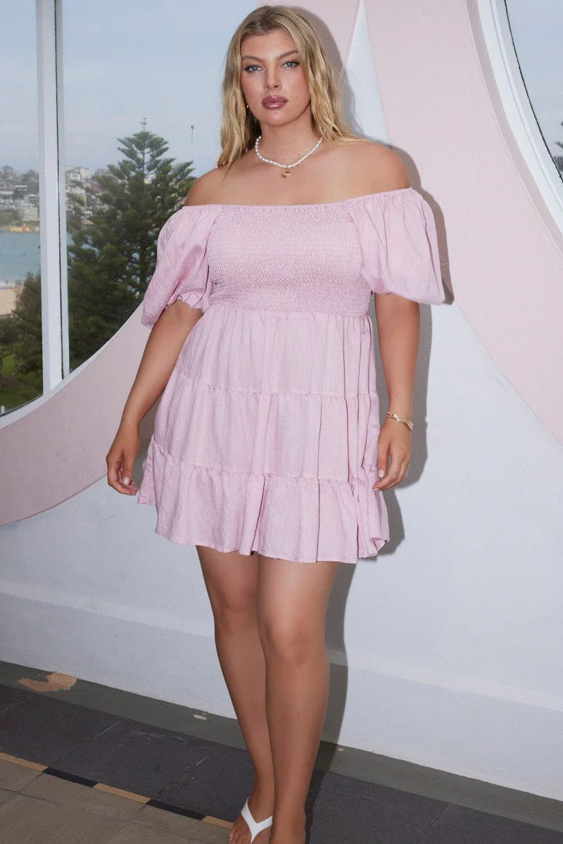 Pink Puff Sleeve Mini Shirred Dress - Image 2