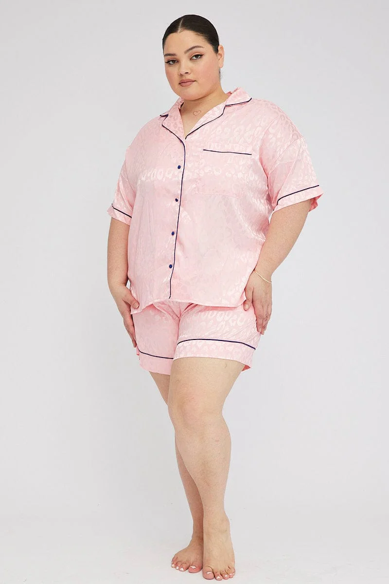 Pink Pyjama Set Satin Leopard Jacquard Piping Pj - Image 2