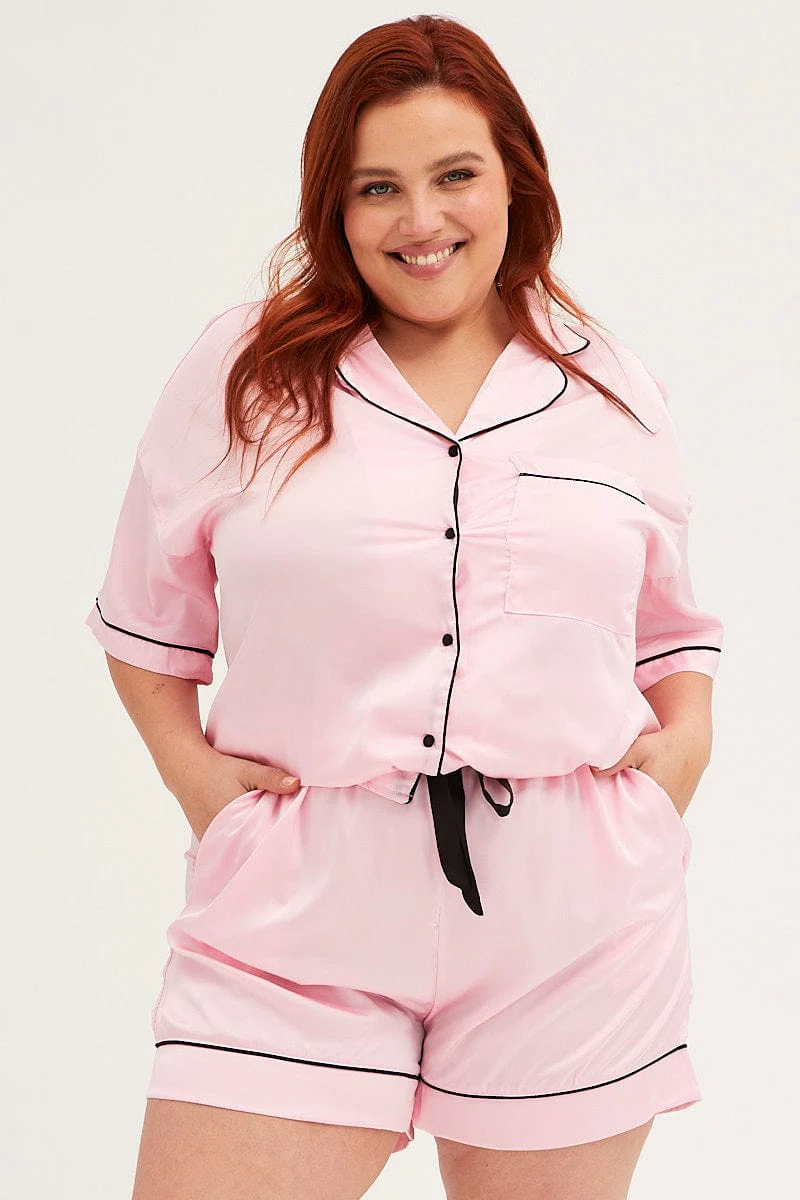 Pink Pyjamas Set Short Sleeve Collared Shorts Satin - Image 3