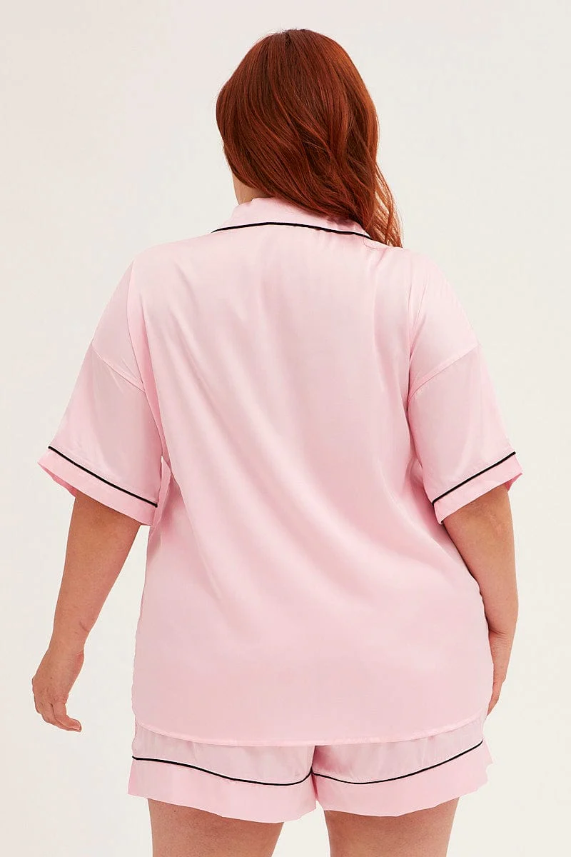 Pink Pyjamas Set Short Sleeve Collared Shorts Satin - Image 5