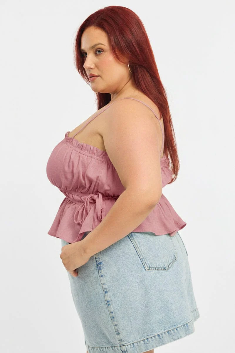 Pink Ruched Cami Top Linen Blend - Image 3