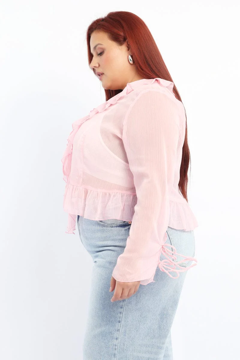 Pink Ruffle Top Long Sleeve Chiffon - Image 3