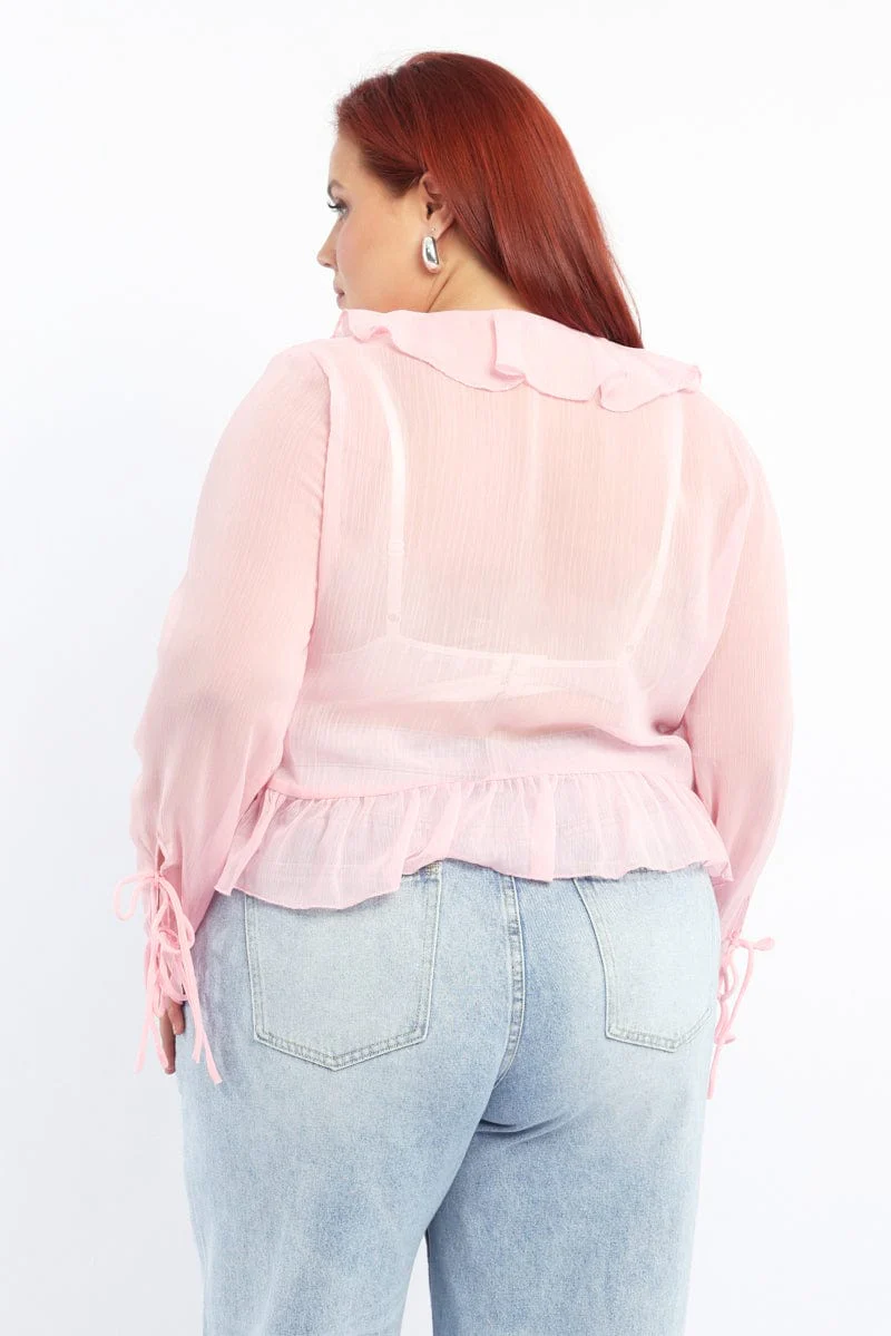 Pink Ruffle Top Long Sleeve Chiffon - Image 4