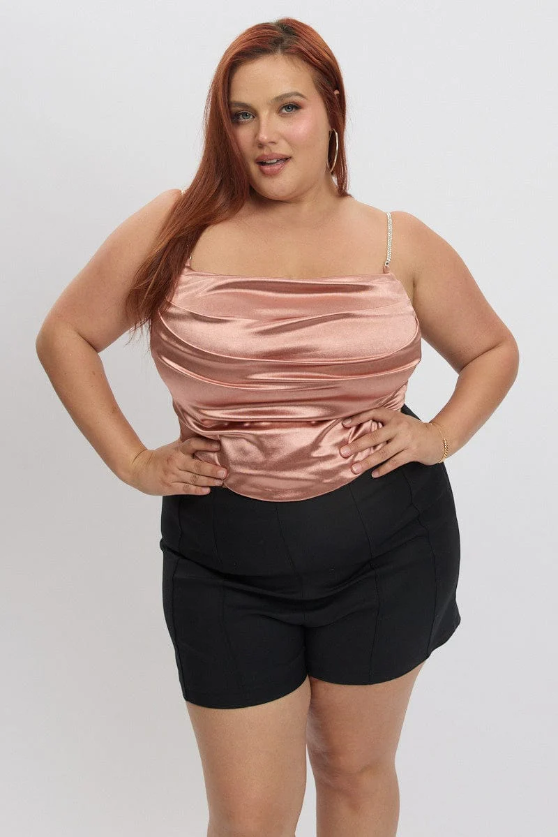 Pink Satin Cami Top Cowl Neck Diamante Strap - Image 3