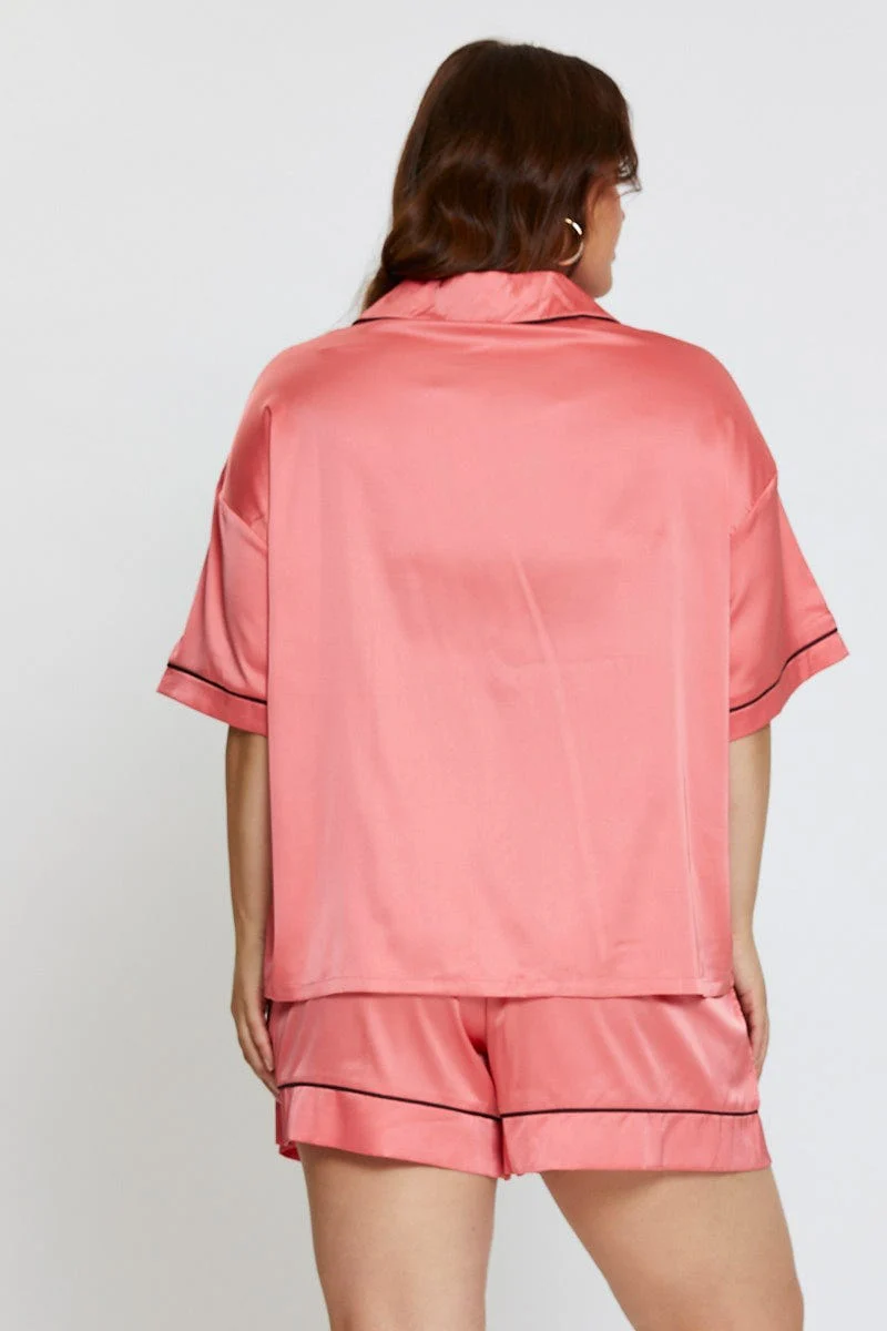 Pink Satin Pj Contrats Piping Pyjama Set - Image 5