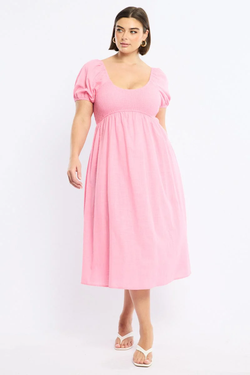 Pink Shirred Midi Dress Short Sleeve