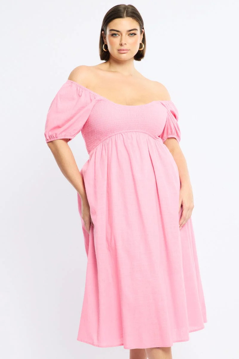 Pink Shirred Midi Dress Short Sleeve - Image 2