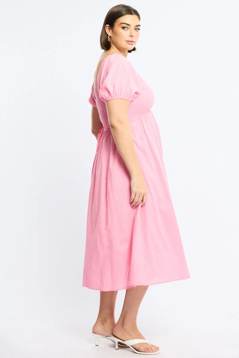 Pink Shirred Midi Dress Short Sleeve - Image 3