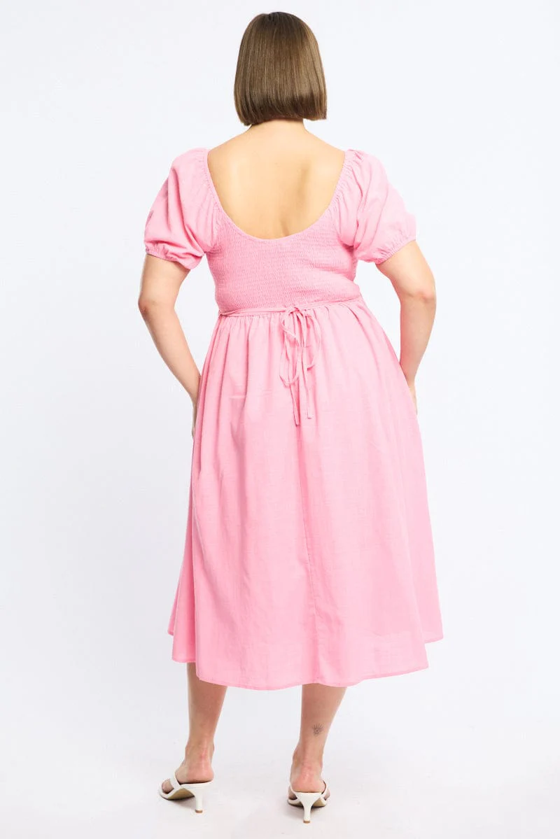 Pink Shirred Midi Dress Short Sleeve - Image 4