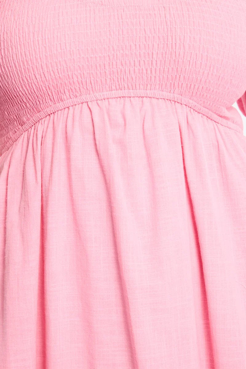 Pink Shirred Midi Dress Short Sleeve - Image 5
