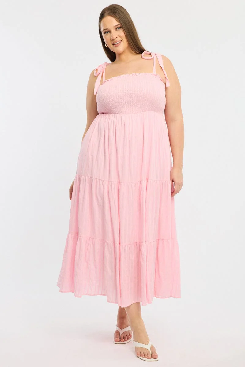 Pink Shirred Midi Dress Sleeveless Textured