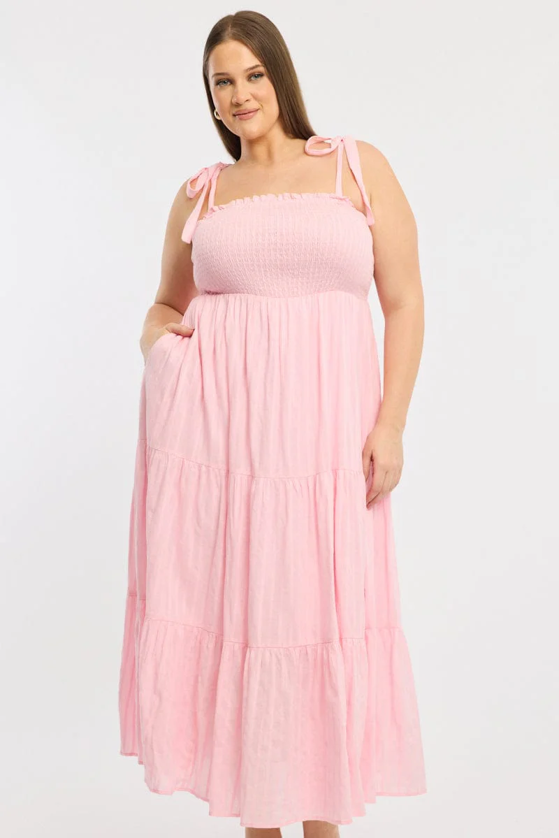 Pink Shirred Midi Dress Sleeveless Textured - Image 2