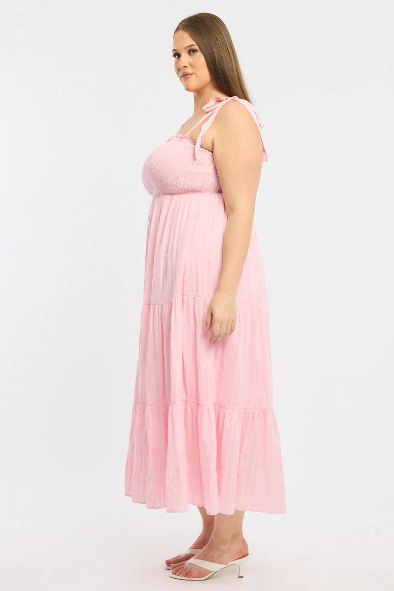 Pink Shirred Midi Dress Sleeveless Textured - Image 3