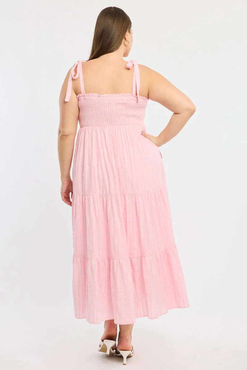 Pink Shirred Midi Dress Sleeveless Textured - Image 4