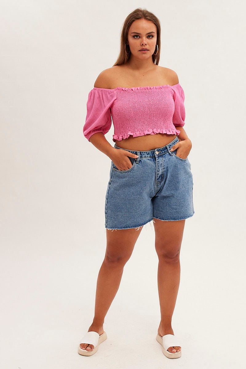 Pink Shirred Short Sleeve Crop Top - Image 2