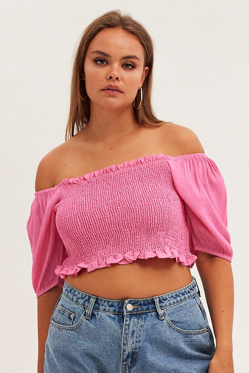 Pink Shirred Short Sleeve Crop Top - Image 3