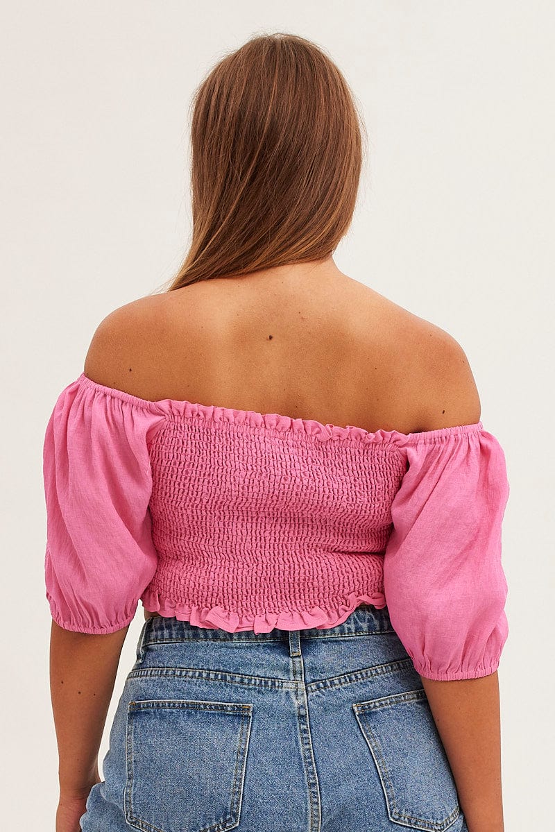 Pink Shirred Short Sleeve Crop Top - Image 5