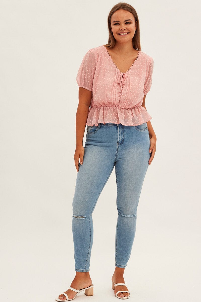 Pink Shirred Top Short Sleeve V-neck - Image 2