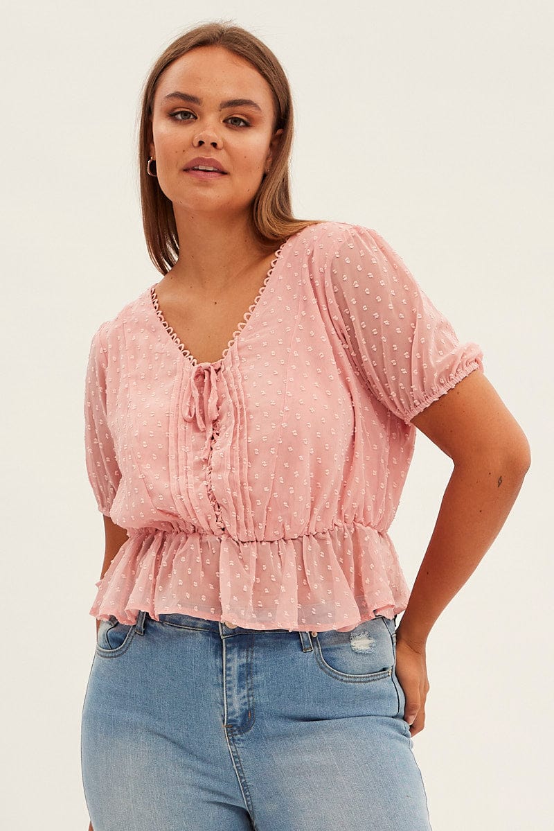 Pink Shirred Top Short Sleeve V-neck - Image 3