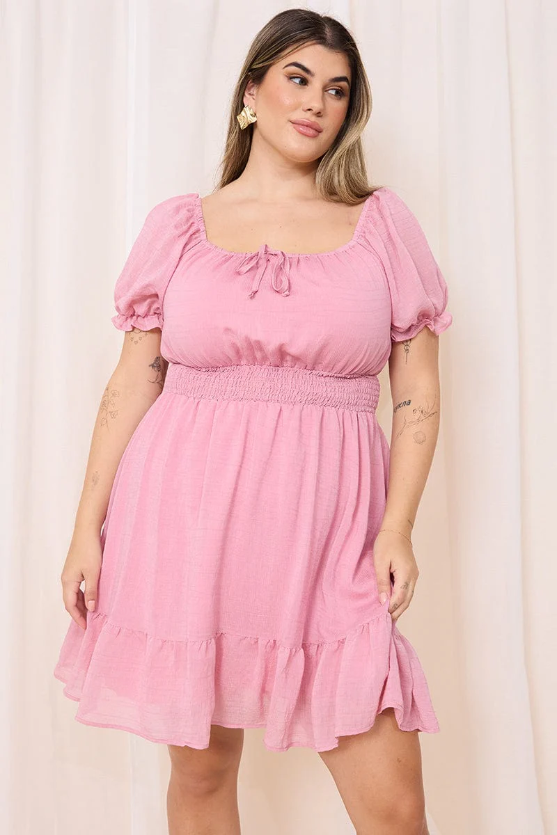 Pink Shirred Waist Frill Hem Minidress