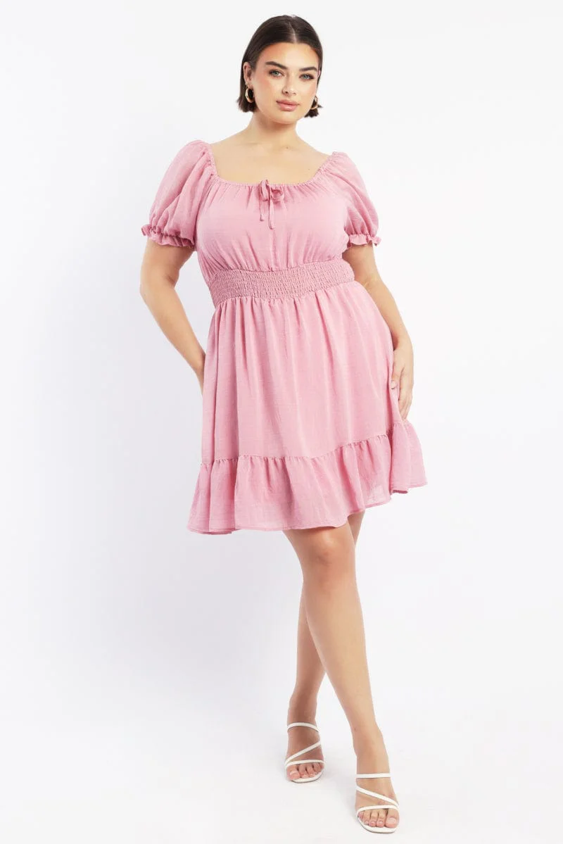 Pink Shirred Waist Frill Hem Minidress - Image 3