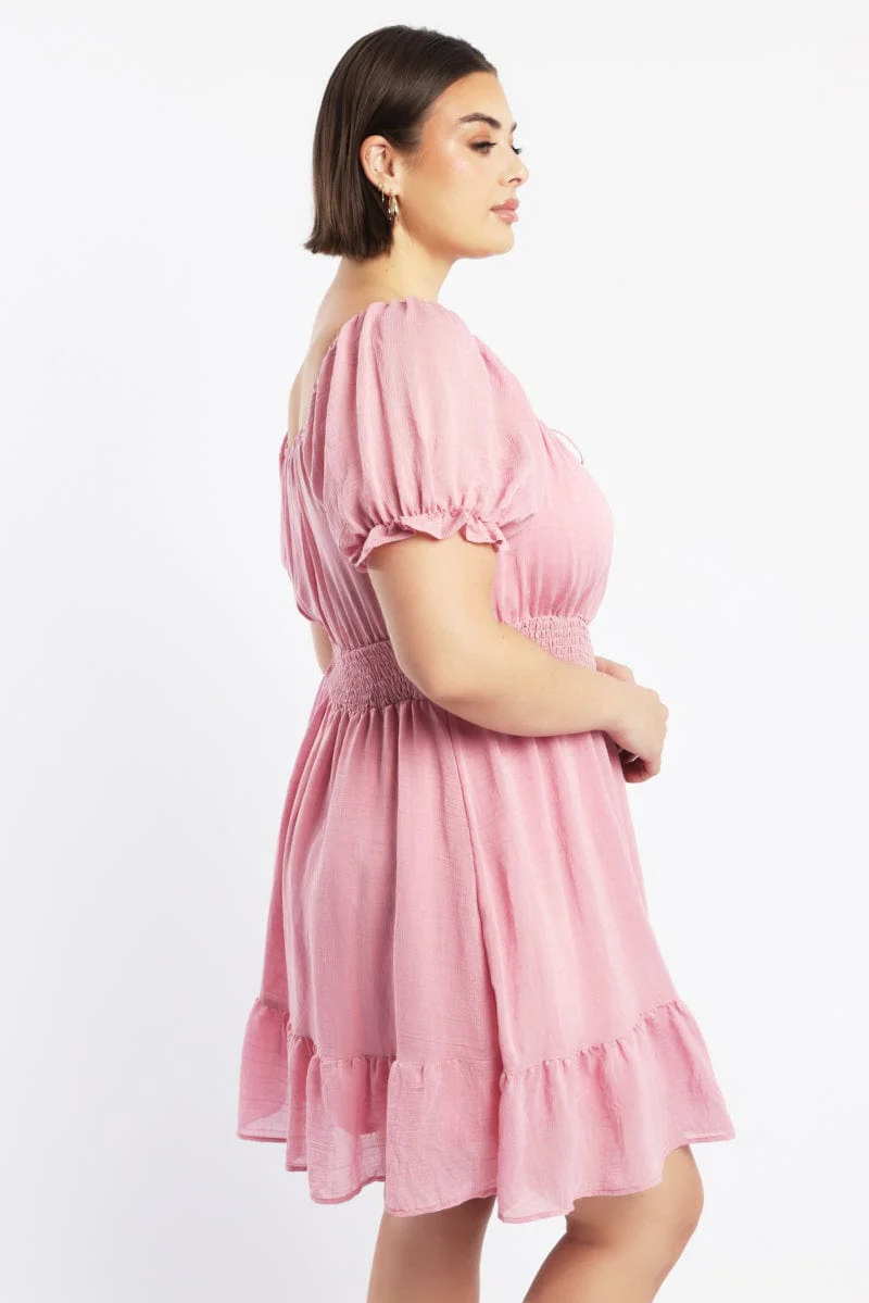 Pink Shirred Waist Frill Hem Minidress - Image 4