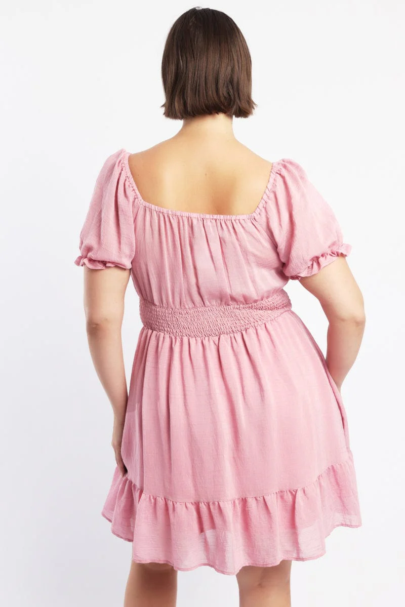 Pink Shirred Waist Frill Hem Minidress - Image 5