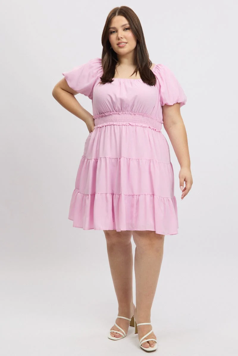 Pink Shirred Waistband Tiered Minidress - Image 3