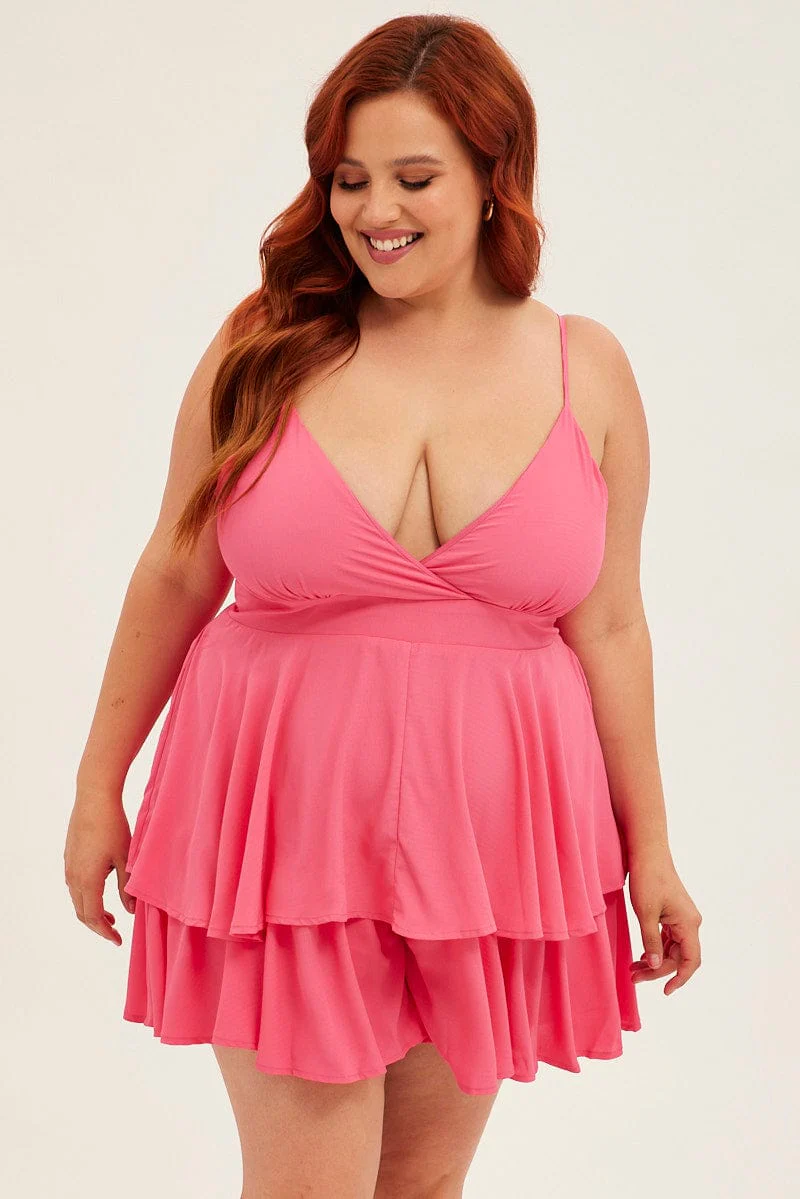 Pink Short Playsuit Strappy V-neck Tie Waist Crepe