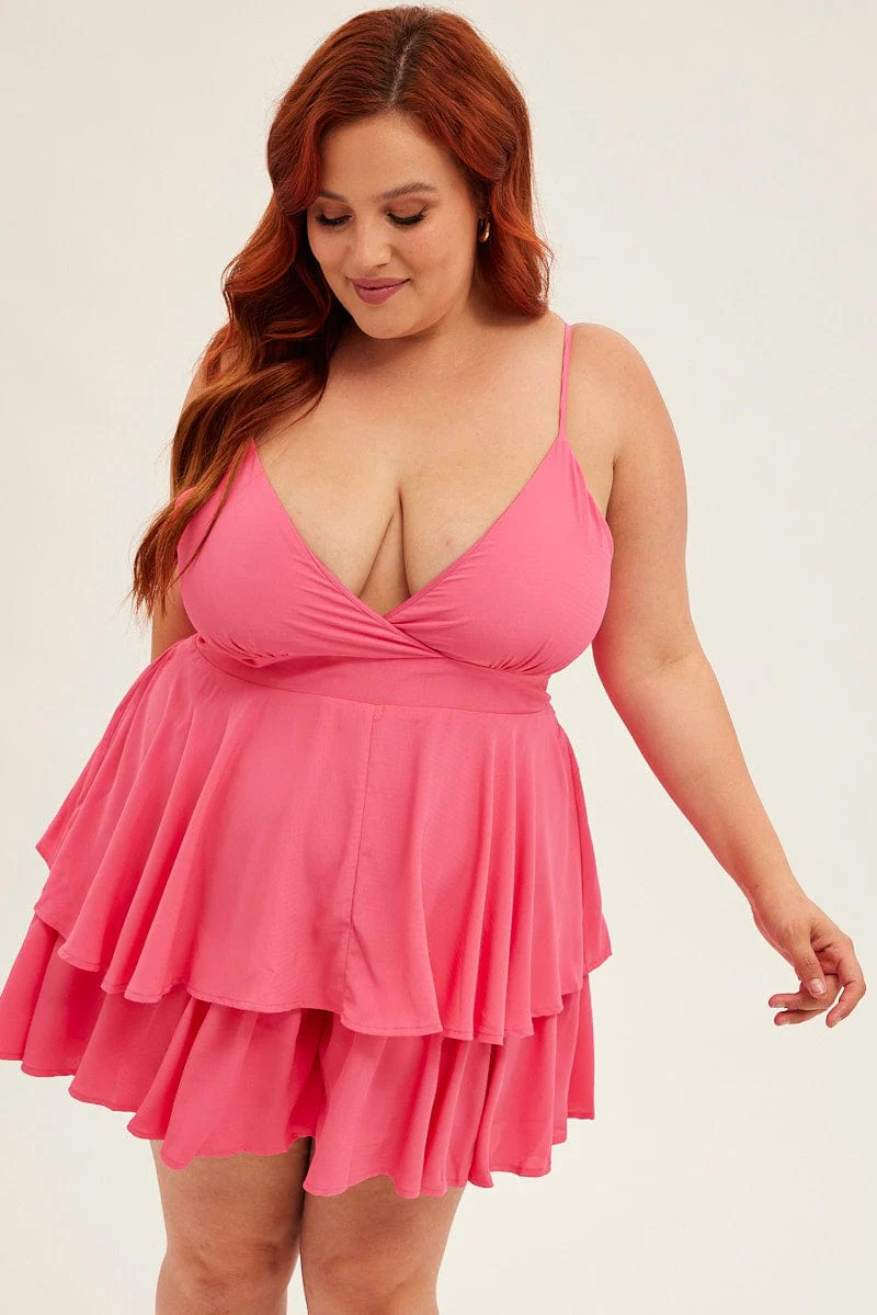Pink Short Playsuit Strappy V-neck Tie Waist Crepe - Image 3