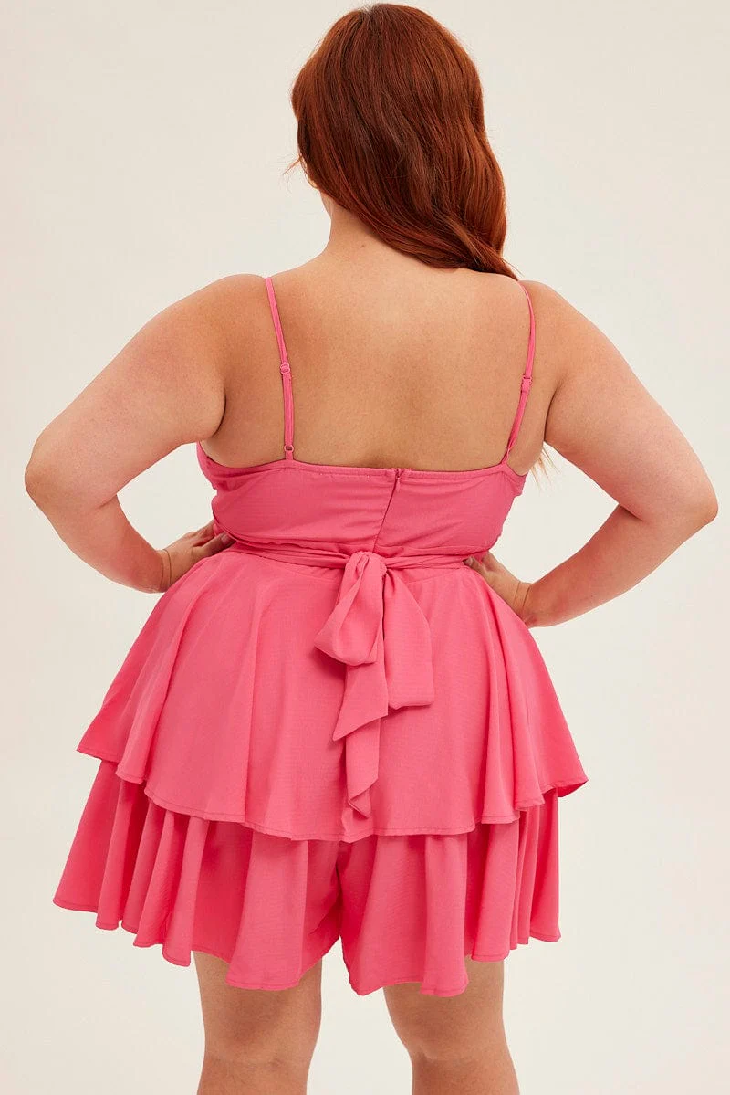 Pink Short Playsuit Strappy V-neck Tie Waist Crepe - Image 5
