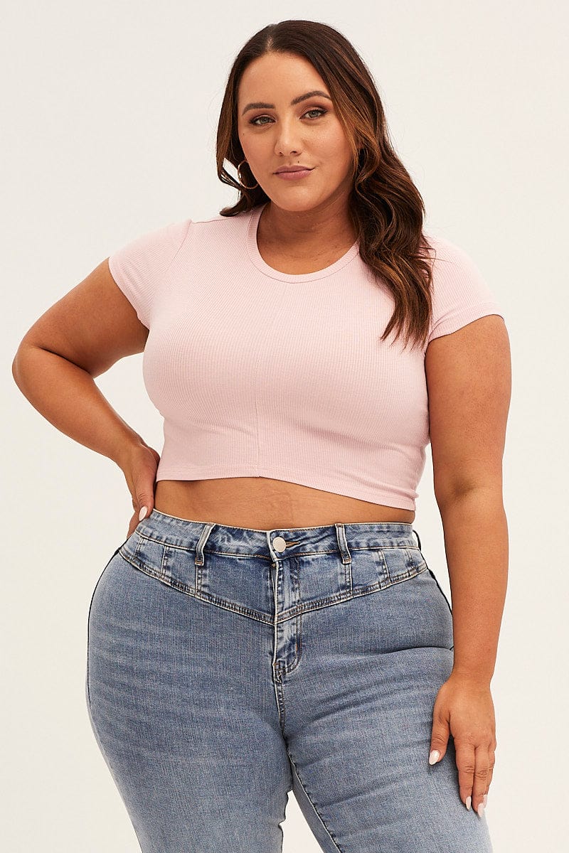 Pink Short Sleeve Pink Crop Rib Jersey Top - Image 3