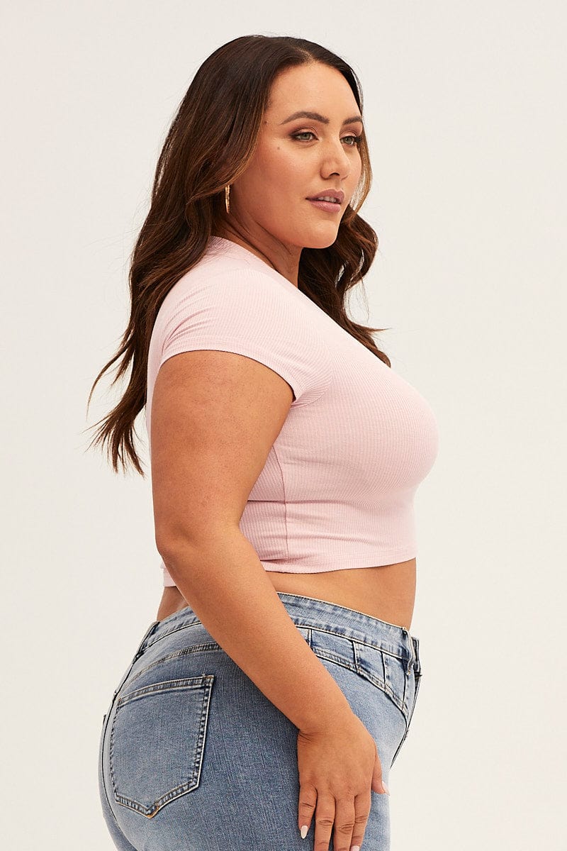 Pink Short Sleeve Pink Crop Rib Jersey Top - Image 4