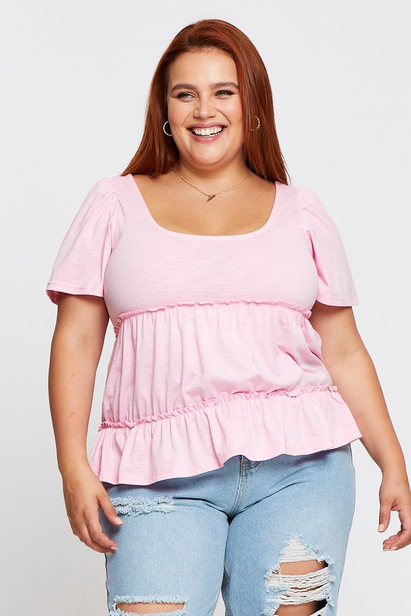 Pink Short Sleeve Pink Scoop Neck Layer Top