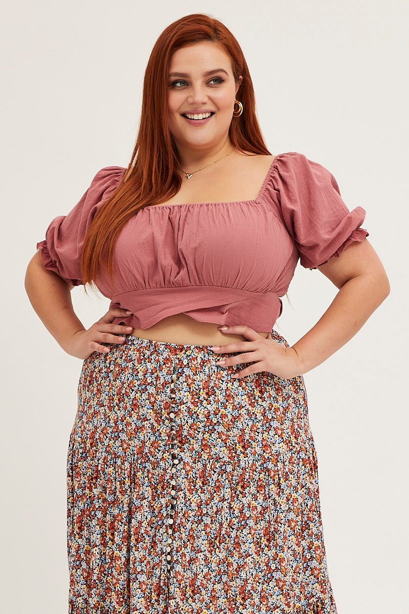 Pink Short Sleeve Tie Back Crop Top - Image 3