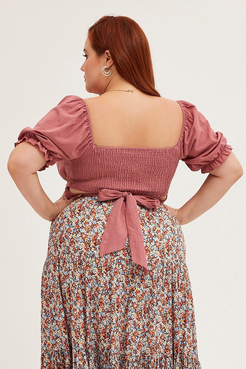 Pink Short Sleeve Tie Back Crop Top - Image 5