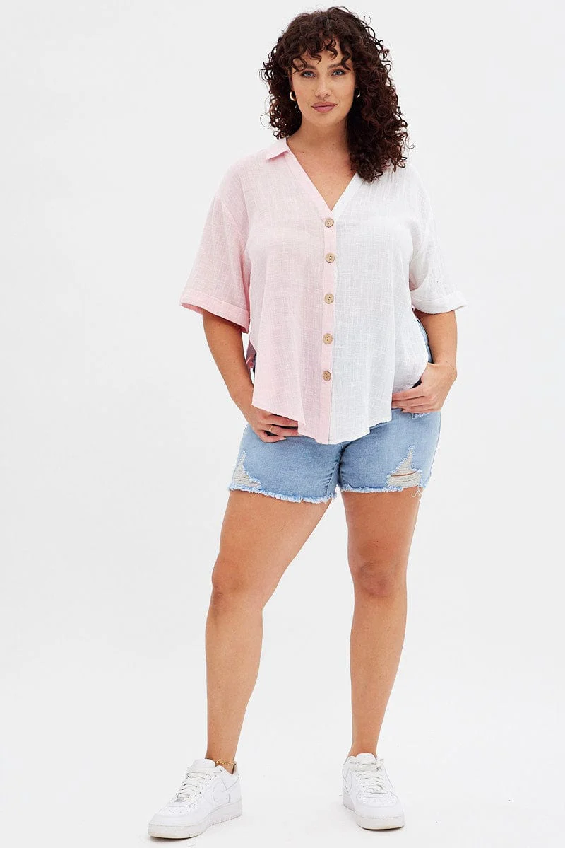 Pink Short Sleeve V-neck Loose Fit Color Block Shirt - Image 2