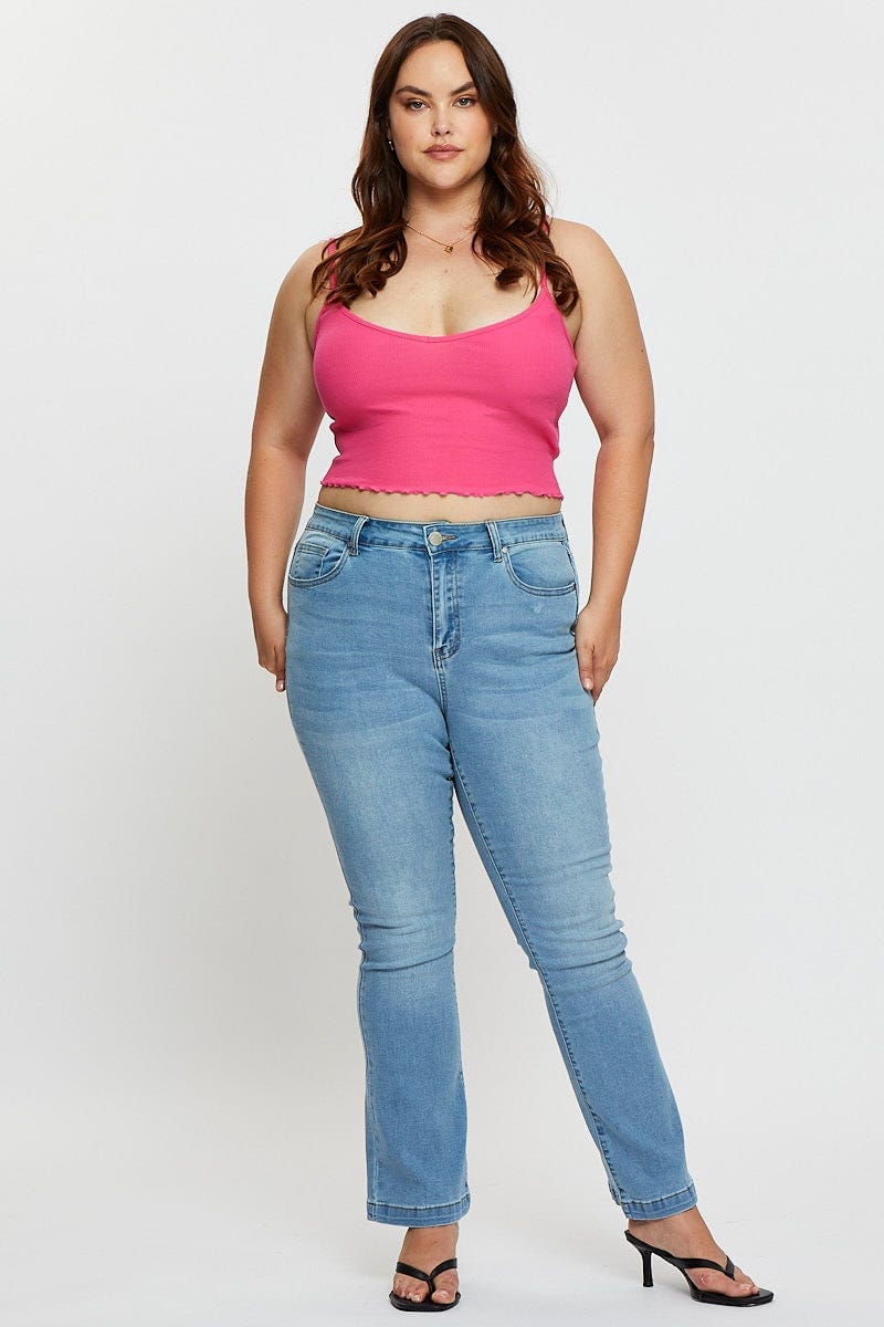 Pink Singlet Top Round Neck Jersey Rib - Image 2
