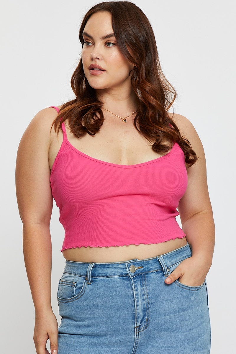 Pink Singlet Top Round Neck Jersey Rib - Image 3