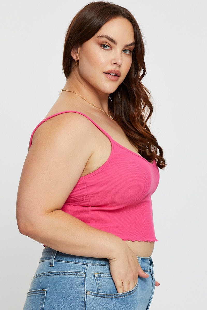 Pink Singlet Top Round Neck Jersey Rib - Image 4