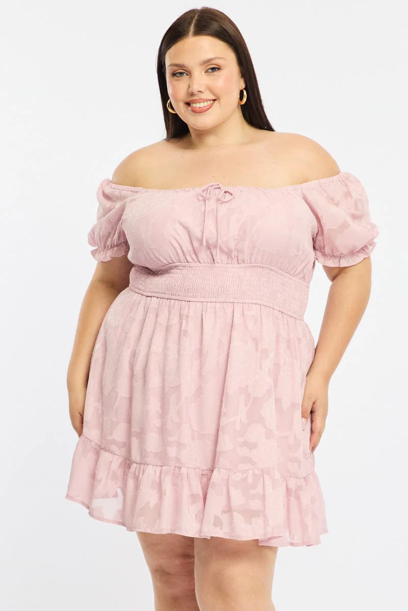 Pink Skater Dress Short Sleeve Jacquard