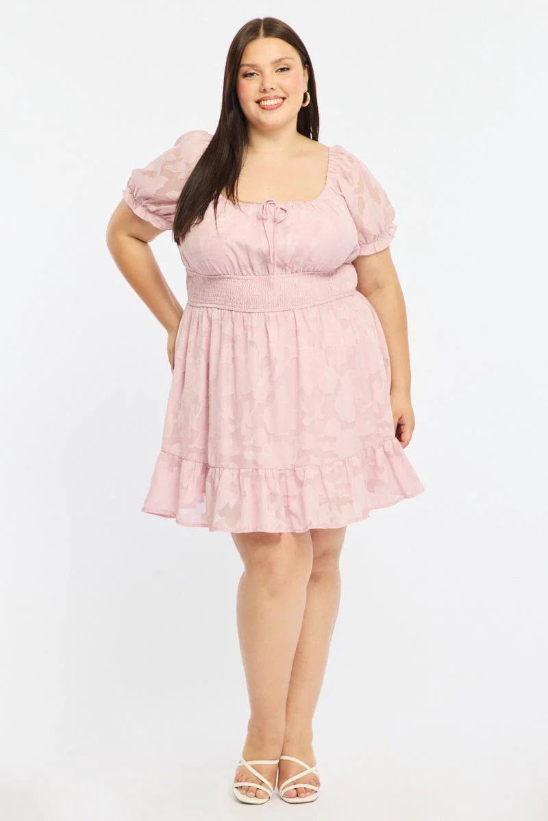 Pink Skater Dress Short Sleeve Jacquard - Image 2