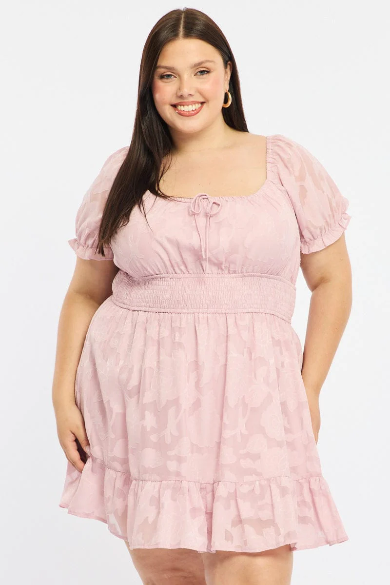 Pink Skater Dress Short Sleeve Jacquard - Image 3