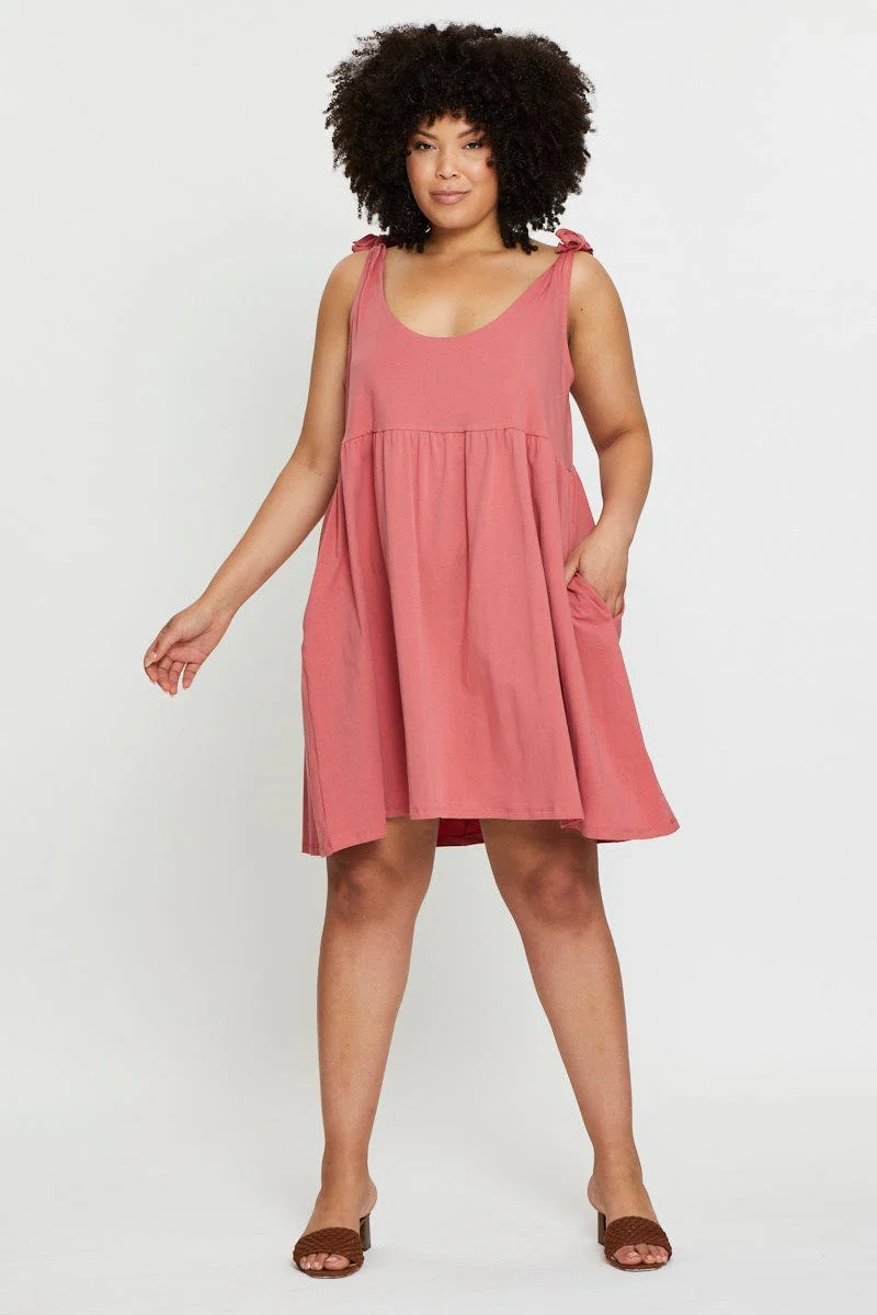 Pink Smock Dress Scoop Neck Sleeveless Tie - Image 2