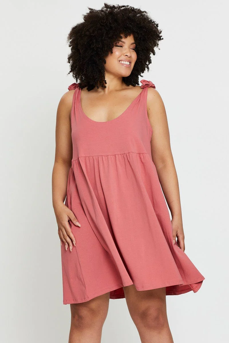 Pink Smock Dress Scoop Neck Sleeveless Tie - Image 3