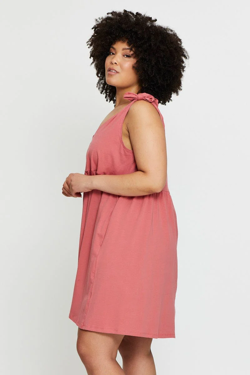 Pink Smock Dress Scoop Neck Sleeveless Tie - Image 4